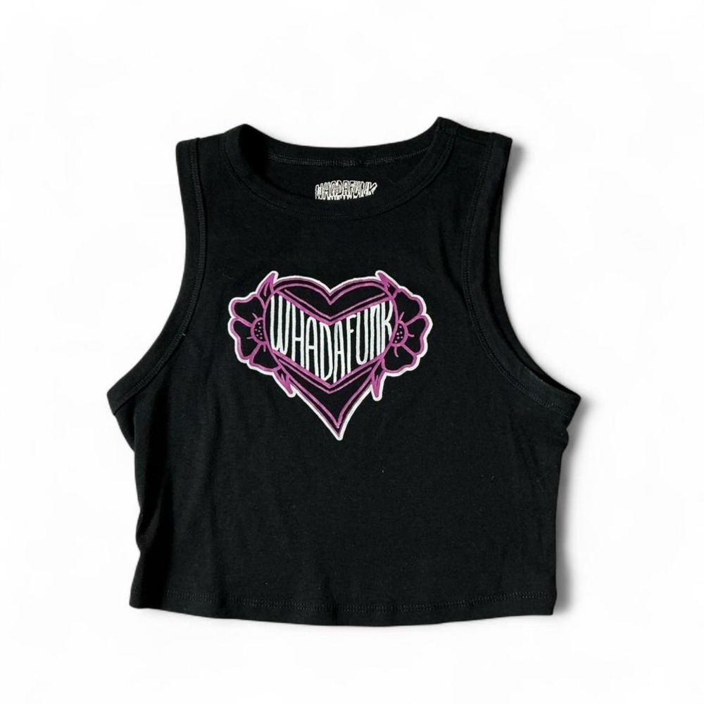 Whadafunk Black Crop Top Graphic Heart Print Tank Top Medium‎